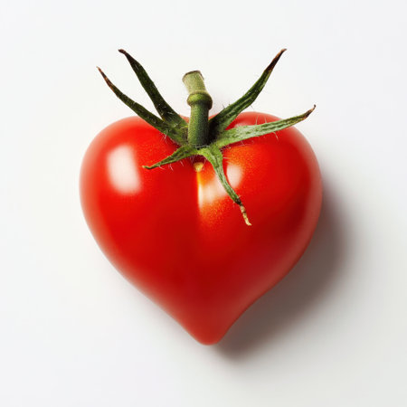 A vibrant red heart-shaped tomato rests against a clean white background, showcasing its fresh look and green leaves, perfect for culinary or agricultural themes.の素材
