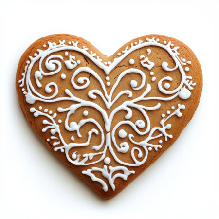 Beautiful heart-shaped cookie features intricate icing design that makes it perfect for gifting, celebrations, or holiday festivities. Ideal for baking lovers.の素材