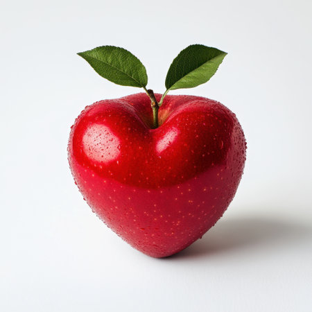 A striking heart-shaped red apple with fresh green leaves against a clean white background. Ideal for health-themed projects, culinary arts, or fresh food imagery.の素材