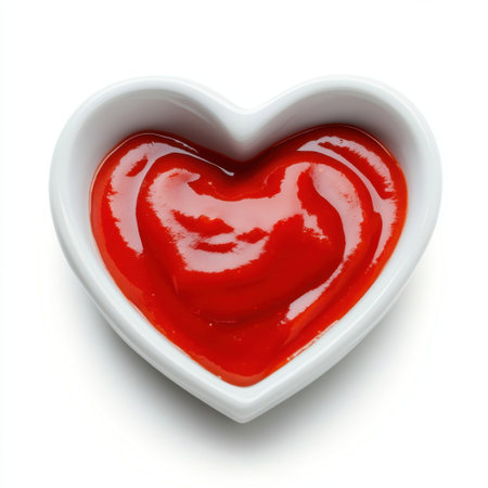 A heart-shaped dish filled with vibrant red tomato sauce offers a playful and romantic touch to any meal, perfect for sharing or festive occasions.の素材
