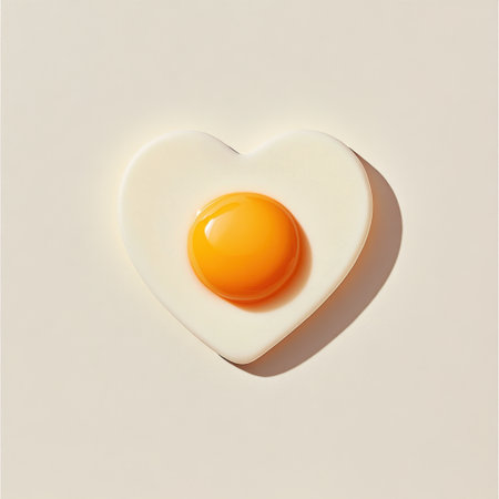A unique heart-shaped arrangement featuring an egg yolk on a creamy surface. An ideal image for illustrating love and creativity in cooking and food photography.の素材