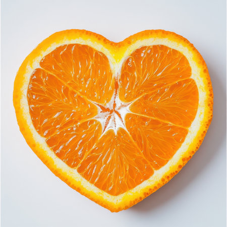 A vibrant heart-shaped orange slice displays juicy segments and bright colors, ideal for showcasing healthy lifestyle themes and fresh food concepts.の素材