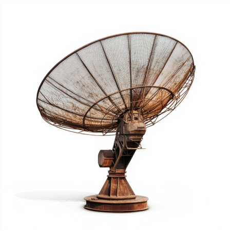 A weathered satellite dish stands on a white background, showcasing its intricate design and rusted texture. Ideal for themes related to technology, communication, and engineering.の素材