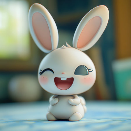 This charming cartoon bunny character features large ears and an adorable smile, radiating joy in a colorful and playful setting, perfect for children media.の素材