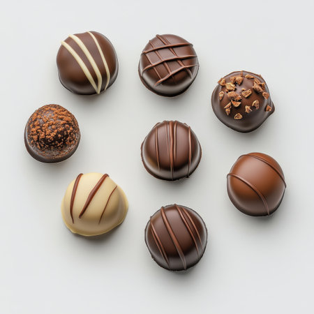 A visually appealing array of assorted gourmet chocolates featuring different flavors and textures, perfect for food photography and showcasing indulgent offerings.の素材