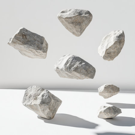 A serene composition of gray rocks appearing to float on a plain white surface, reflecting modern design aesthetics suitable for various artistic applications.の素材
