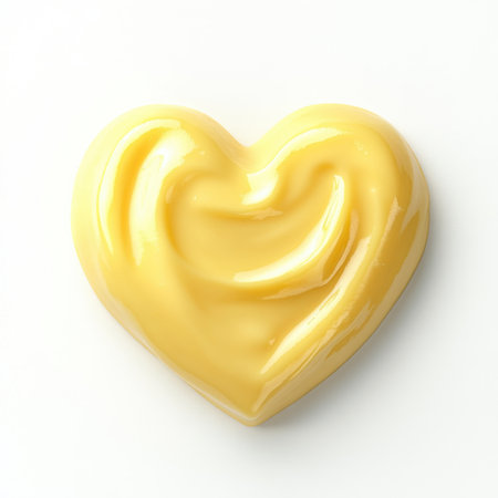 A creamy yellow heart shape rests on a smooth white surface, symbolizing love and warmth, perfect for romantic or culinary themes in creative projects.の素材