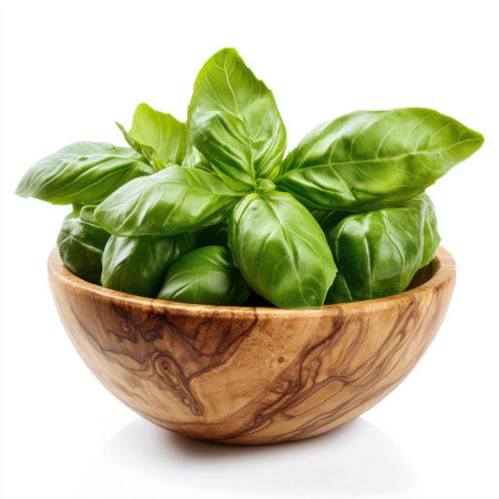 A vibrant display of fresh basil leaves in a rustic wooden bowl, ideal for cooking, garnishing dishes, and enhancing flavors in healthy recipes.の素材