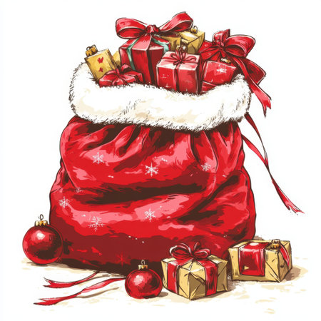 A vibrant red Christmas sack filled with beautifully wrapped gifts, accented with ribbons, and surrounded by shiny ornaments, symbolizing holiday cheer and joy.の素材