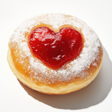 This delightful donut features a heart-shaped raspberry jam filling, covered in powdered sugar, perfect for celebrations and special moments.の素材