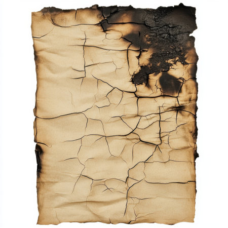 This image features a piece of crinkled and burnt paper with intricate cracks and textures, perfect for adding a vintage touch to various creative projects.の素材