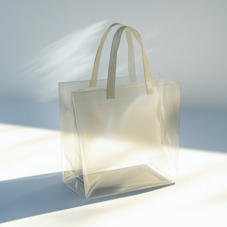 A transparent shopping bag rests on a light surface, casting soft shadows. This image showcases modern design elements perfect for retail, eco-friendly themes, and minimalism.の素材
