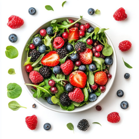 A vibrant mix of fresh berries and spinach creates a healthy dish perfect for nutrition enthusiasts. Ideal for promoting clean eating and colorful meals.の素材