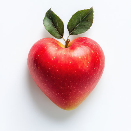 A striking heart-shaped red apple with vibrant green leaves set against a clean white background. This image captures the essence of health, love, and nature's beauty.の素材
