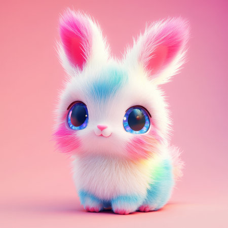 A delightful character design featuring a fluffy, pastel-colored bunny with large, sparkling eyes set against a soft gradient background, perfect for children's art.の素材