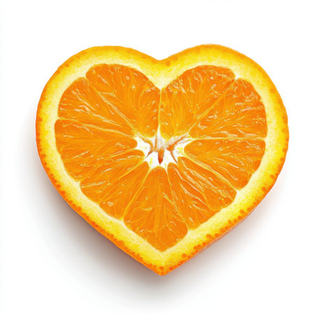 A vibrant heart-shaped orange slice isolated on a clean white background, perfect for promoting healthy eating habits, creativity in food presentation, and culinary art.の素材