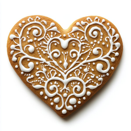 A stunning heart-shaped gingerbread cookie, adorned with intricate white icing patterns. Perfect for romantic events, holidays, or as a delightful gift.の素材