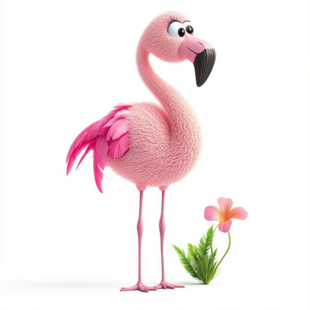 This enchanting cartoon flamingo features a vibrant pink hue and playful expressions, standing beside a tropical flower, perfect for children's art or creative designs.の素材