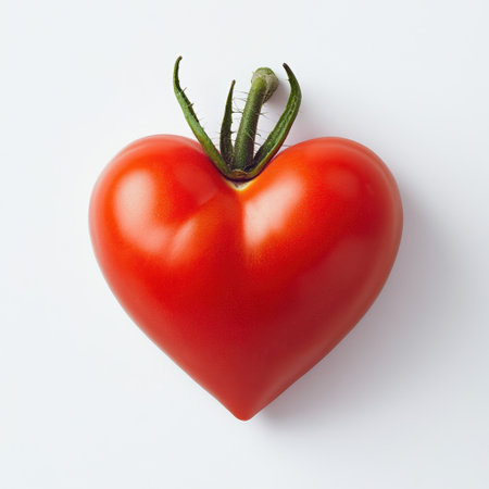 This image features a fresh, red, heart-shaped tomato on a white background, emphasizing its vibrant color and unique shape, perfect for health and food-themed projects.の素材