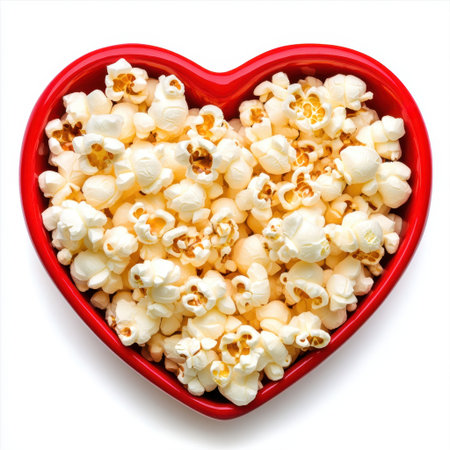 A vibrant heart-shaped bowl brimming with fresh, fluffy popcorn is the perfect snack for cozy movie nights or festive gatherings filled with love and laughter.の素材