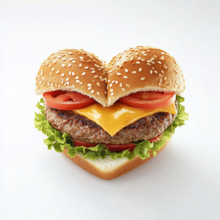 A creative heart-shaped hamburger showcasing a juicy meat patty, fresh lettuce, tomatoes, and melted cheddar, perfect for a romantic meal or unique food display.の素材