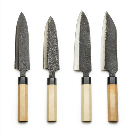 This image showcases a beautiful collection of high-quality kitchen knives, perfect for chefs and cooking enthusiasts. The elegant wooden handles enhance the aesthetic appeal.の素材