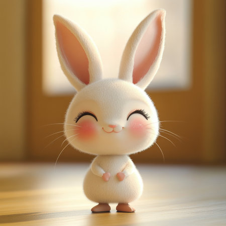 This cute cartoon-style bunny character features big ears and a joyful smile, perfect for children's illustrations, animations, or design projects radiating warmth and happiness.の素材