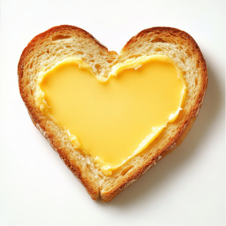 A heart-shaped slice of bread filled with rich melted butter, presented on a crisp white background. Ideal for culinary, food blogs, or romantic recipes.の素材