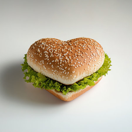 A delightful heart-shaped sesame seed bun burger filled with fresh lettuce, perfect for celebrations, romantic dinners, or creative culinary presentations showcasing love for food.の素材