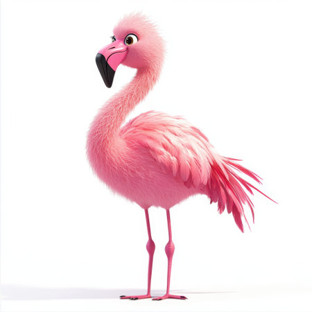 A delightful cartoon flamingo exudes charm with its vivid pink feathers and animated expression, perfect for bringing joy and a tropical vibe to any project.の素材