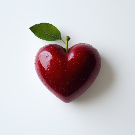 This heart-shaped red apple with a single leaf on a clean white background represents love and freshness, making it a perfect image for health themes and culinary uses.の素材