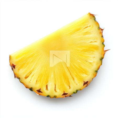This image features a single slice of pineapple showcasing its bright yellow color and juicy texture against a clean white background, ideal for culinary use.の素材