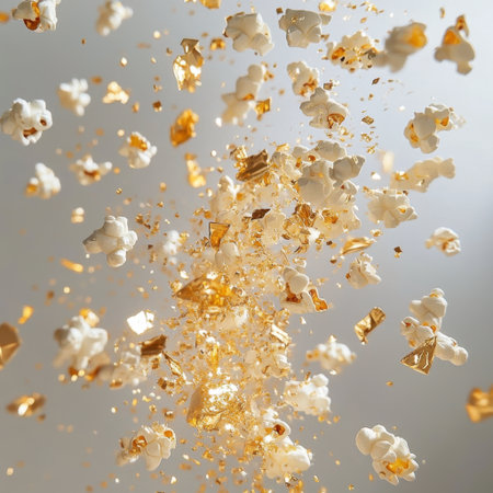 A lively image showcasing an explosion of popcorn and shimmering gold flakes, symbolizing joy and celebration, ideal for food-themed settings and festive occasions.の素材