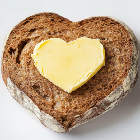 A heart-shaped slice of brown bread topped with a creamy butter heart, perfect for portraying themes of love, comfort, and culinary delights in photography.の素材