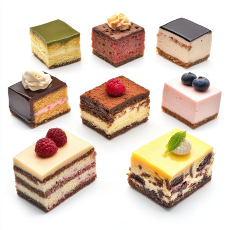 A vibrant display of assorted mini cakes showcasing different flavors and textures, ideal for dessert tables, events, and special occasions, enticing sweet lovers.の素材