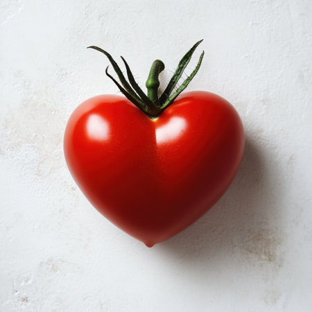 A vibrant heart-shaped red tomato displayed on a light textured background, ideal for promoting healthy eating, fresh recipes, and cooking inspirations.の素材