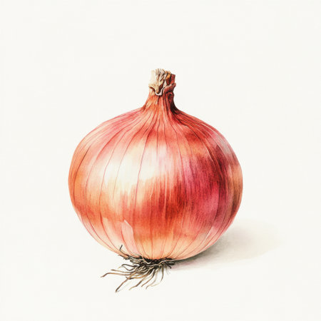 This artwork features a fresh red onion, showcasing its smooth skin and rich colors. Ideal for promoting healthy cooking, nutrition, or organic themes in food art.の素材
