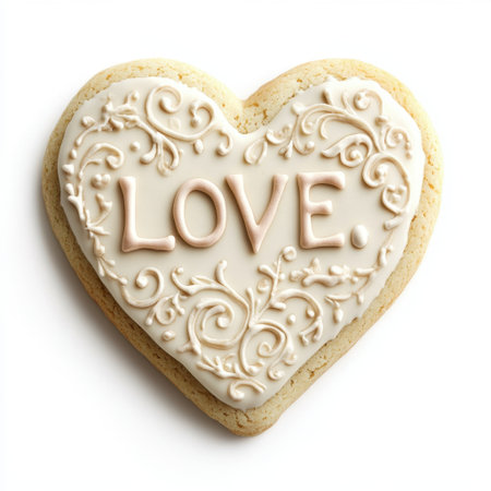 A beautifully decorated heart-shaped cookie featuring a delicate icing design with the word "LOVE." Ideal for gifts, celebrations, and romantic occasions.の素材
