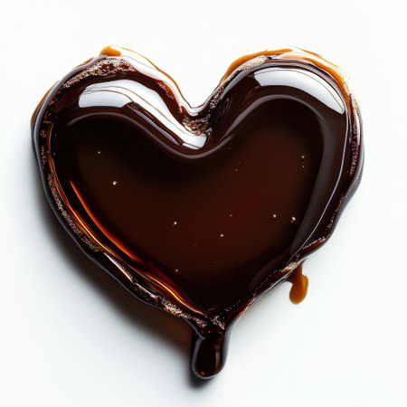 A delicious heart-shaped drizzle of chocolate syrup rests on a clean white surface, capturing light beautifully and symbolizing love and indulgence in dessert.の素材