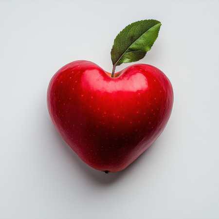 A vibrant heart-shaped red apple with a fresh green leaf, set against a clean white background, perfect for themes of health, love, and creativity.の素材