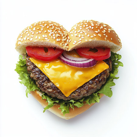 A creative heart-shaped burger featuring a juicy cheeseburger patty nestled between fresh lettuce, tomato, and onion, ideal for love-themed culinary visuals.の素材