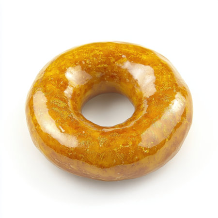 A stunning circular pastry coated in a glossy caramel glaze, set against a white background, perfect for showcasing desserts or bakery items in photographs.の素材