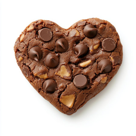 A delightful heart-shaped brownie cookie, studded with chocolate chips and crunchy nuts. Ideal for celebrations, special occasions, or simply for enjoying a sweet treat.の素材