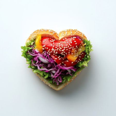 A beautiful heart-shaped hamburger featuring fresh vegetables and bright toppings, perfect for promoting healthy eating and creative food designs.の素材