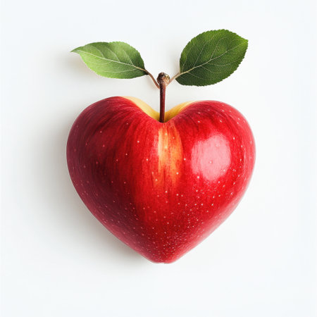 This image showcases a heart-shaped apple with glossy red skin and fresh green leaves, embodying themes of love and health on a simple white background.の素材