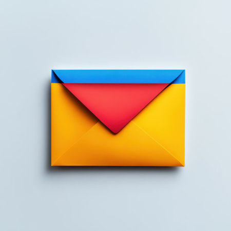 A vibrant envelope featuring a striking blue, red, and yellow color scheme against a soft background, ideal for representing creative communication and stylish correspondence.の素材