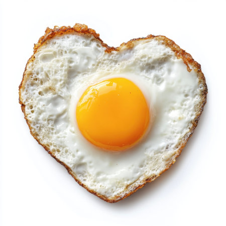 A beautifully cooked heart-shaped fried egg, featuring a bright yellow yolk, set against a clean white background. Ideal for romantic meals or creative cooking themes.の素材