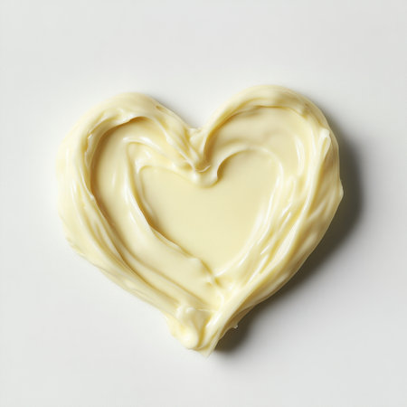 This image features a creamy white sauce artistically shaped into a heart on a minimalist background, perfect for showcasing love for food and culinary creativity.の素材