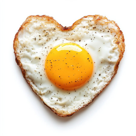 A delightful heart-shaped fried egg featuring a bright yellow yolk, perfect for breakfast or romantic meals. The visual conveys warmth and love in culinary creativity.の素材