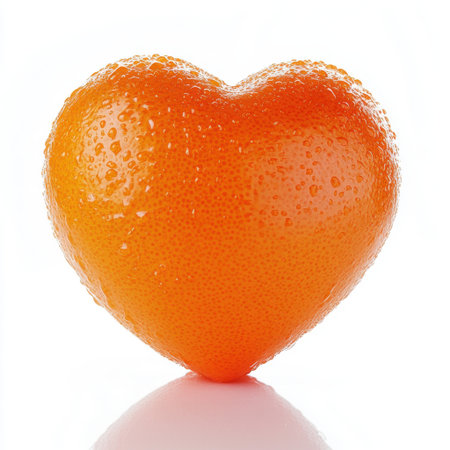 Heart-shaped orange fruit symbolizes love and health, featuring fresh droplets. Ideal for wellness-themed projects, food photography, and creative designs.の素材